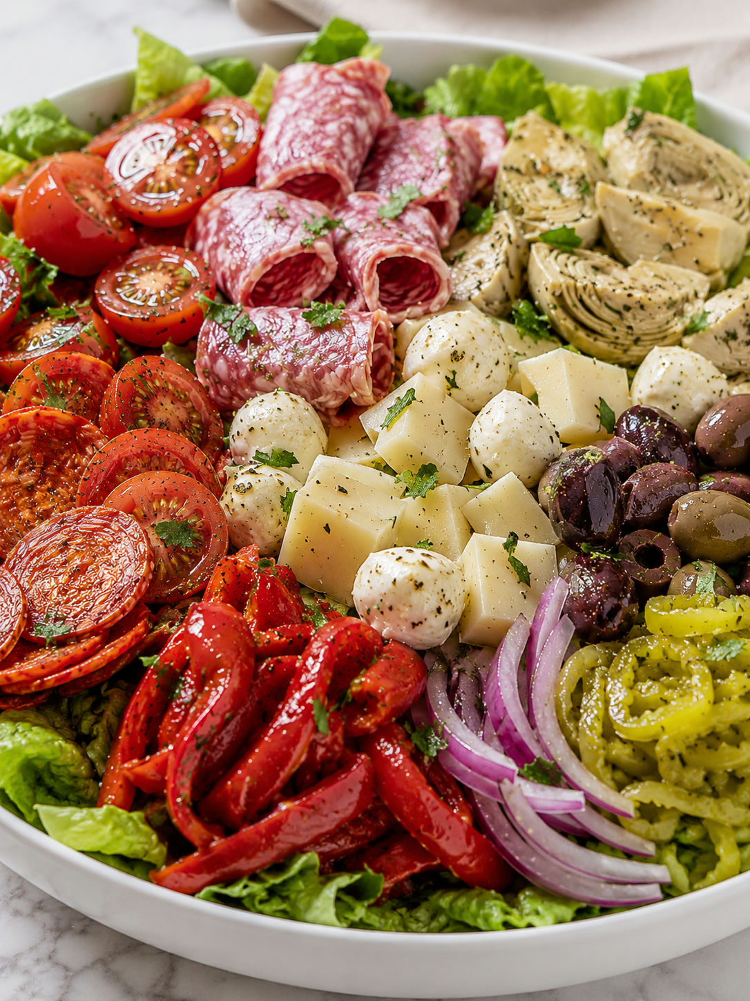 Fresh and Easy Antipasto Salad, plated and served