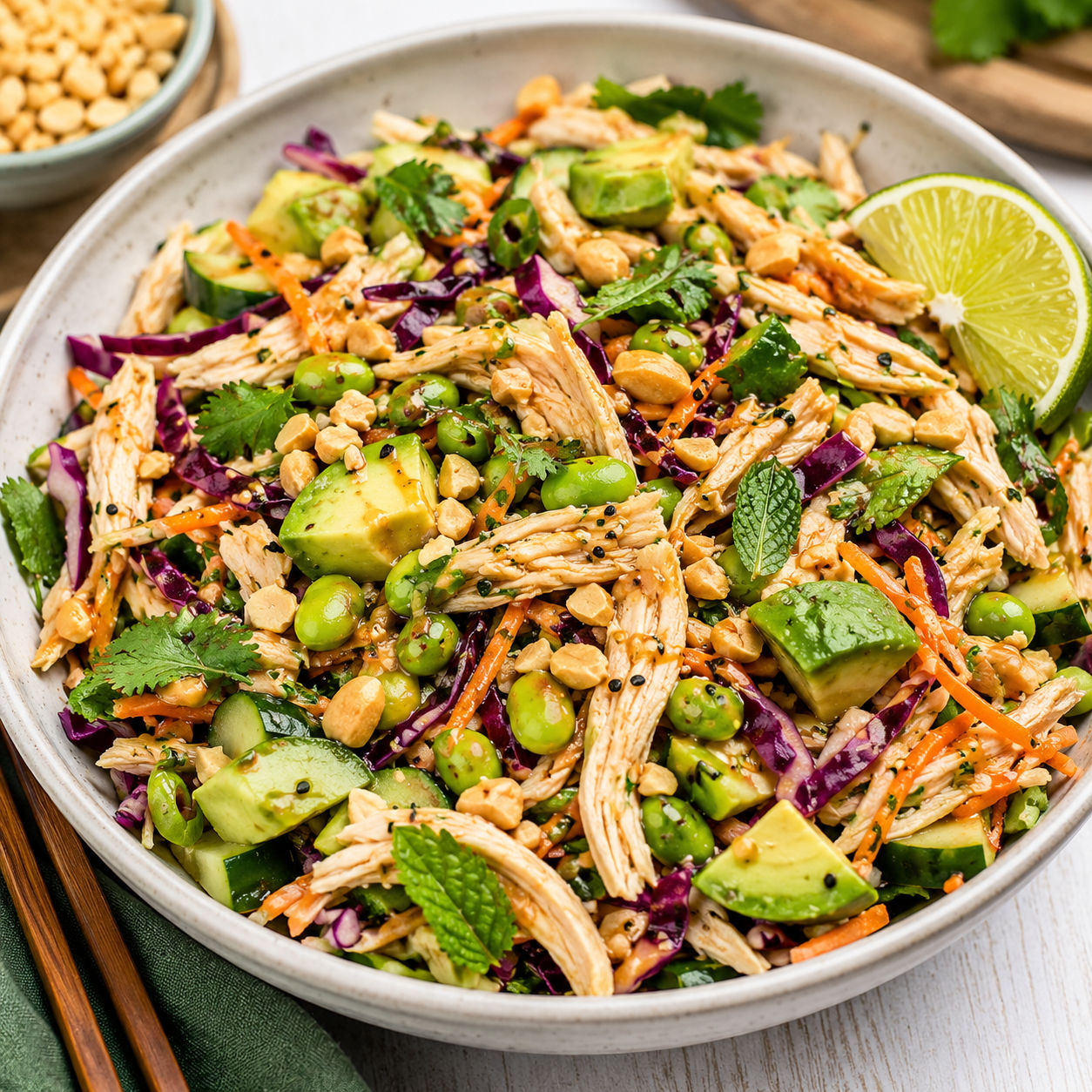 Asian chicken salad with cabbage, avocado, peanuts, and sesame dressing