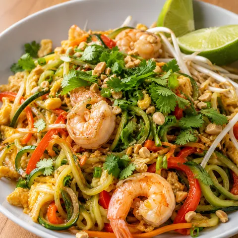 Zucchini pad Thai with shrimp, peanuts, cilantro, and lime