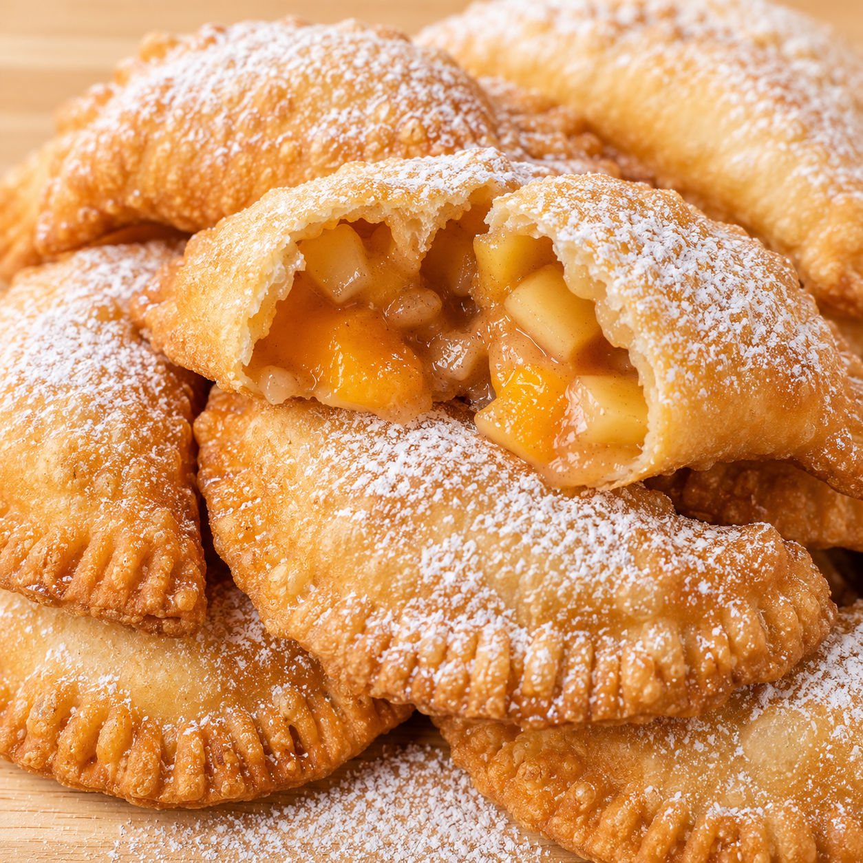 Stack of golden fried hand pies dusted with powdered sugar on a wooden board