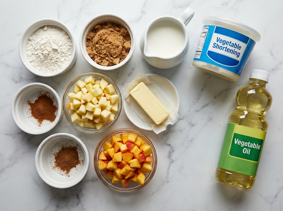 Raw ingredients for fried apple and peach hand pies arranged on a wooden counter