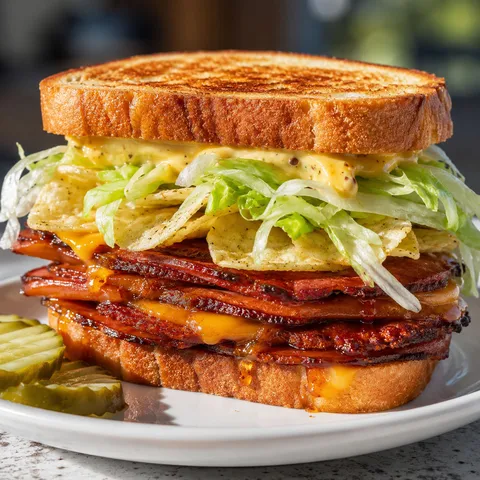 Fried bologna sandwich with cheddar, lettuce, chips, pickles, and hot honey