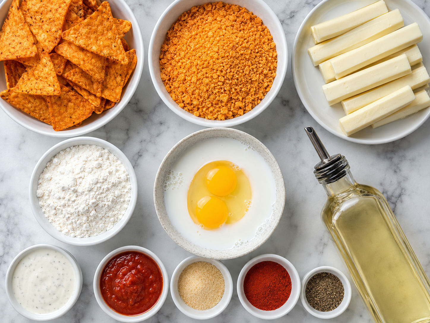 Mozzarella, crushed Doritos, flour, eggs, oil, and dips for fried cheese bites
