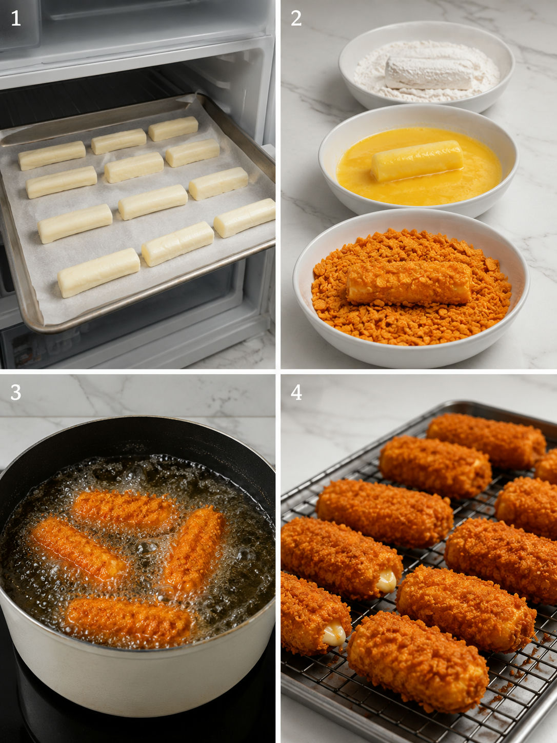 Four steps for breading and frying Doritos crusted mozzarella bites