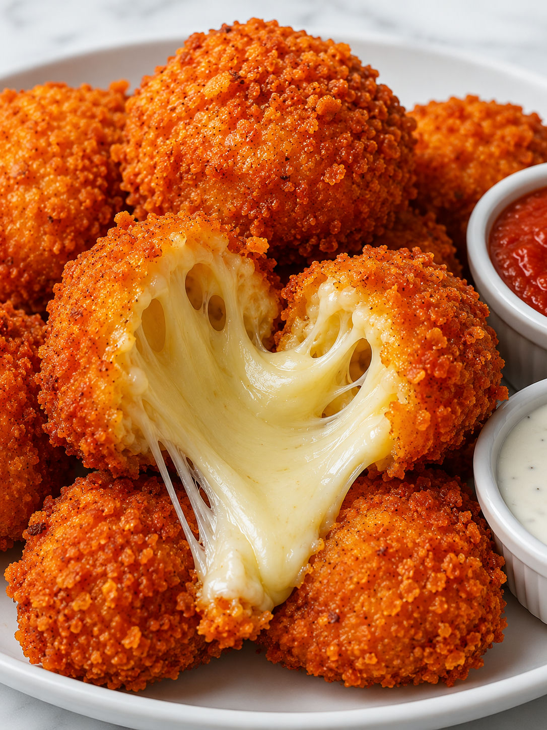Doritos crusted fried cheese bites with a stretchy mozzarella center