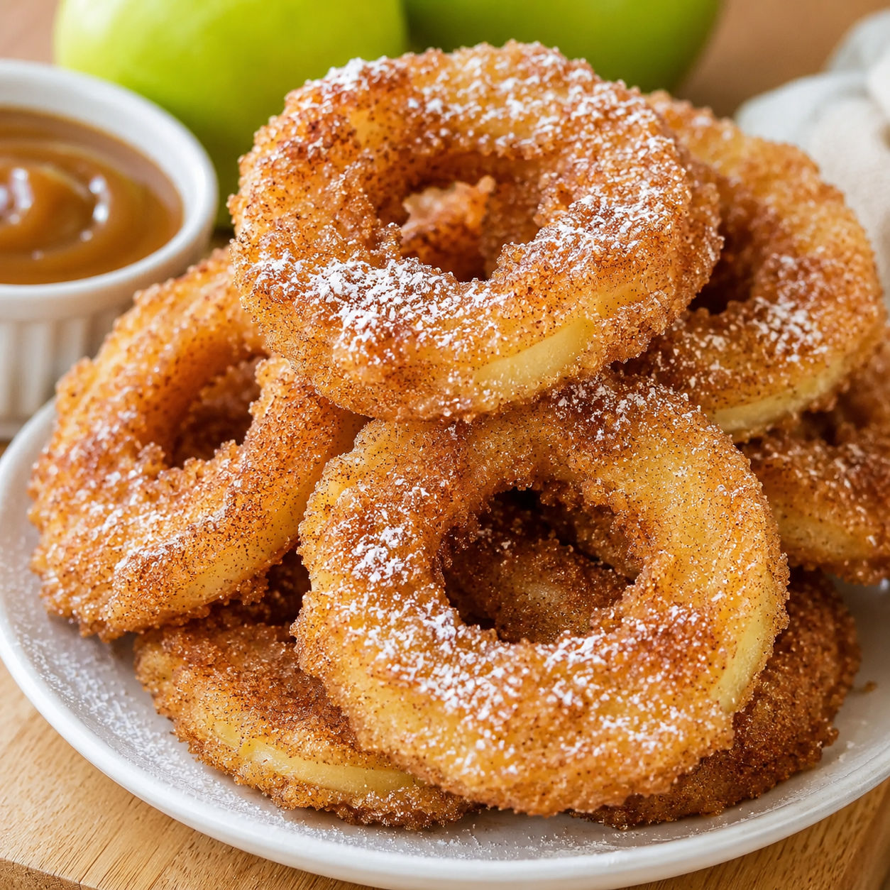 Fried cinnamon apple rings with sugar and caramel on a white plate