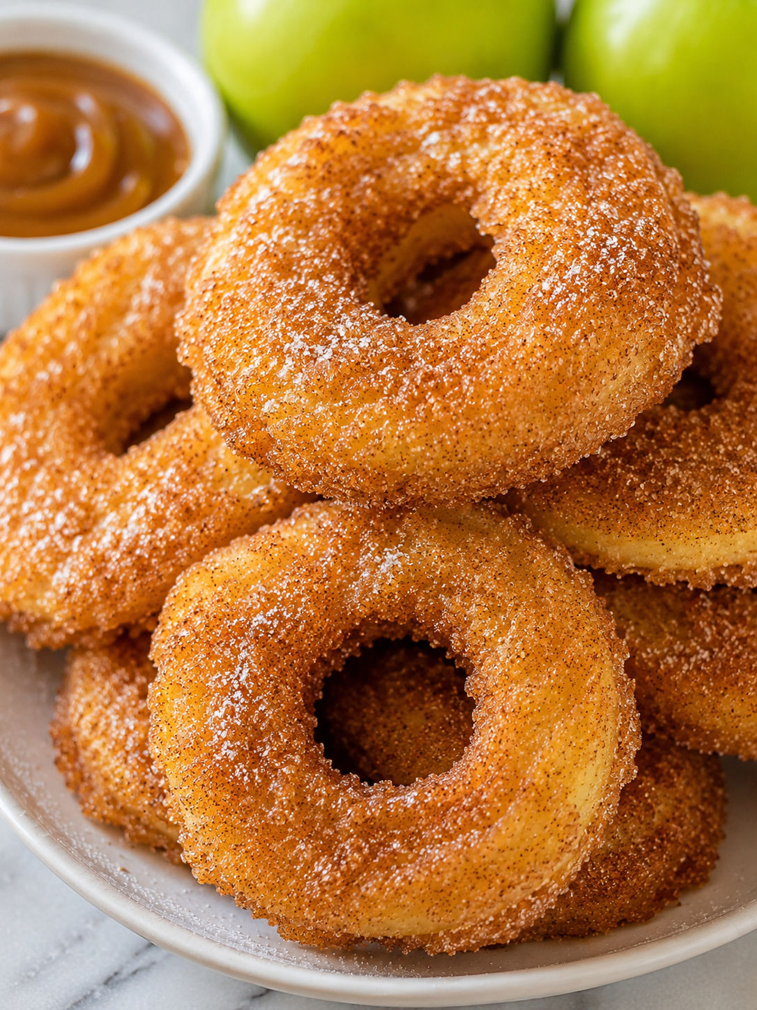 Fried Cinnamon Apple Rings, plated and served