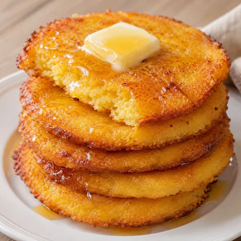 Stack of golden fried cornbread hoecakes with butter and honey on a white plate