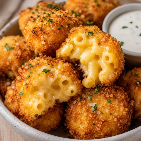 Stack of golden fried mac and cheese bites with a creamy cheddar center in a ceramic bowl