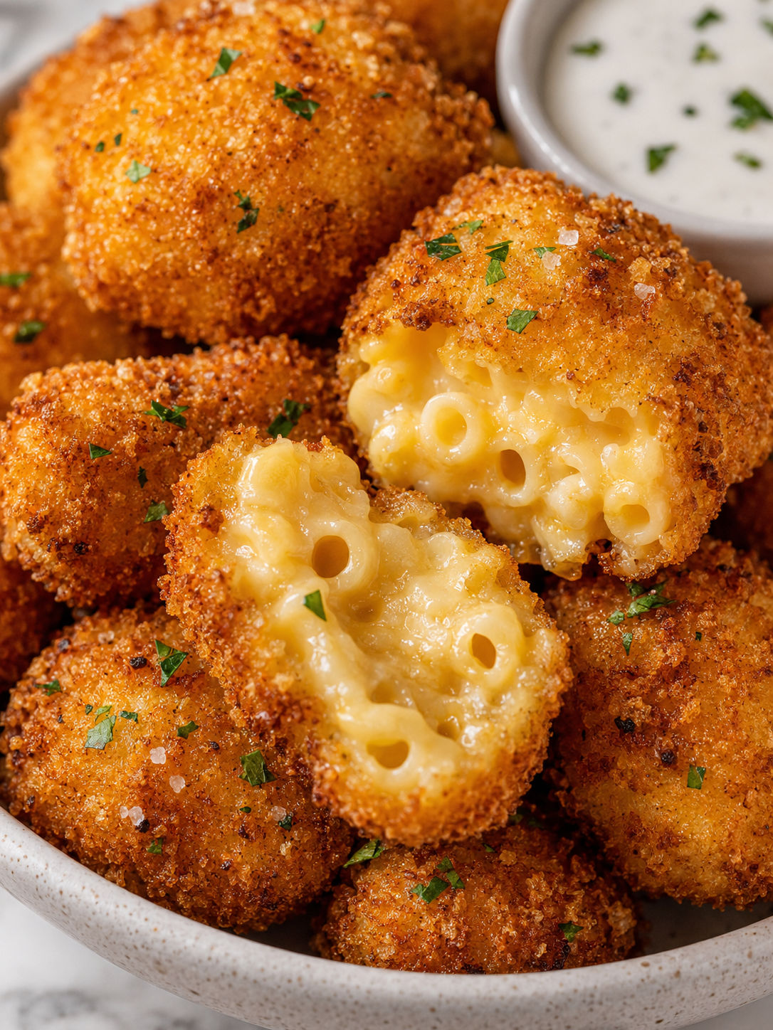Fried Mac & Cheese Bites, plated and served