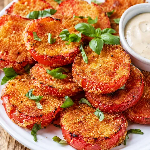 Fried red tomatoes with basil and creamy dipping sauce on a white plate