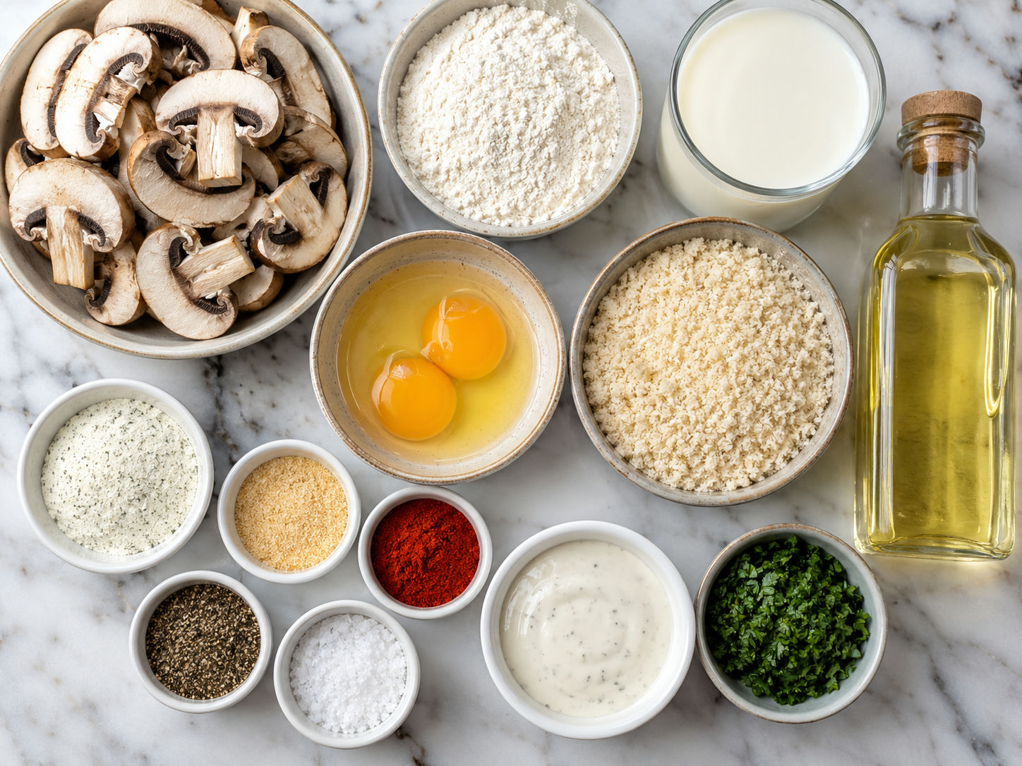 Ingredients for ranch fried sliced mushrooms on a wooden surface