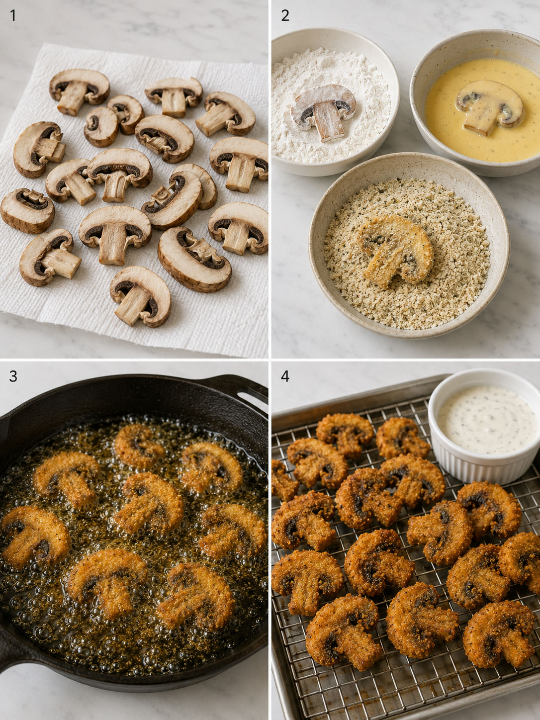 Four steps for breading and frying sliced mushrooms with ranch