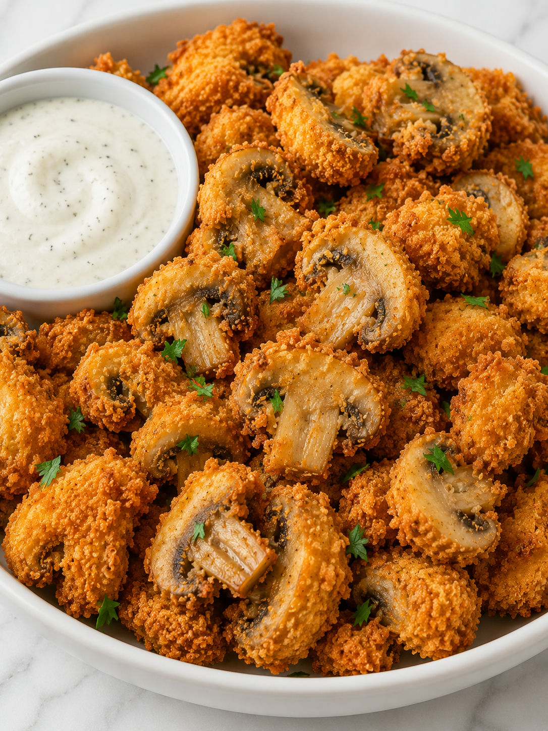 Crispy fried sliced mushrooms with ranch dip and parsley