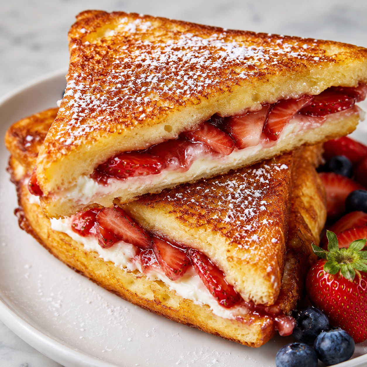 Fried strawberry cheesecake brioche sandwiches with powdered sugar and berries