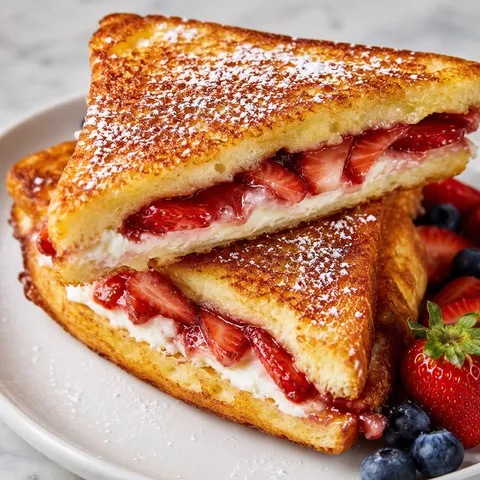 Fried strawberry cheesecake brioche sandwiches with powdered sugar and berries