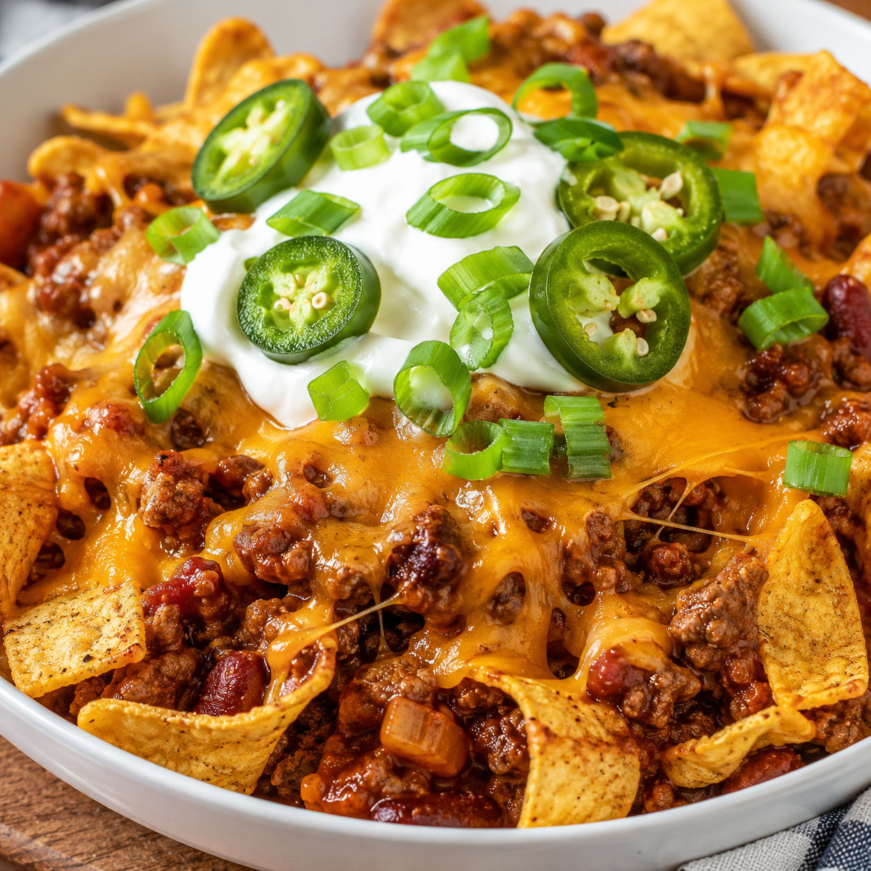 Frito cheesy chili casserole with melted cheddar, sour cream, and scallions