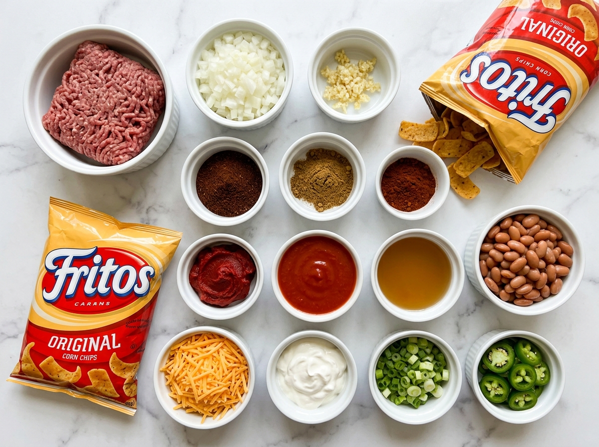 Ingredients for Frito cheesy chili casserole with beef, Fritos, and cheddar