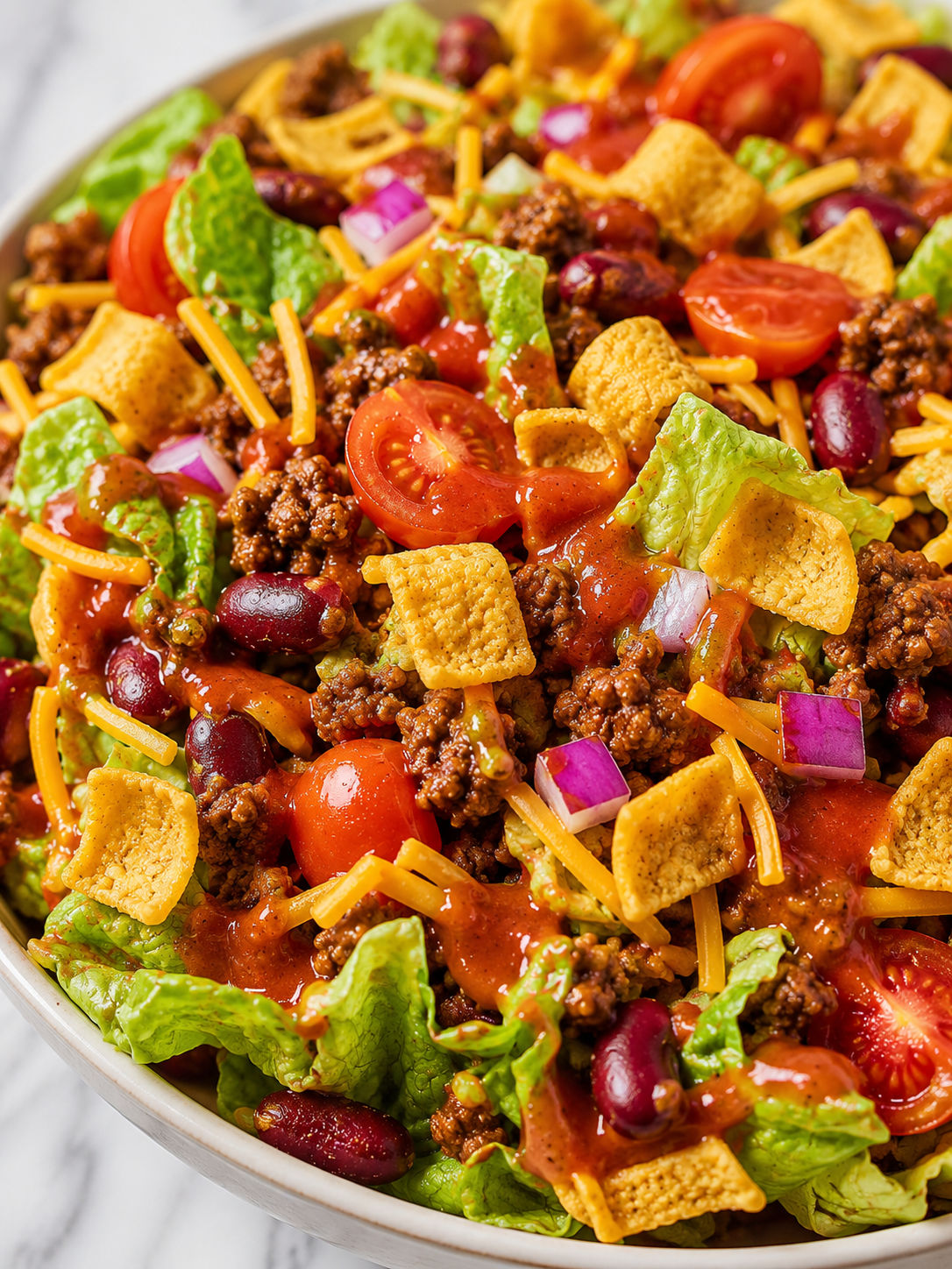 Frito Taco Salad with Catalina Dressing, plated and served