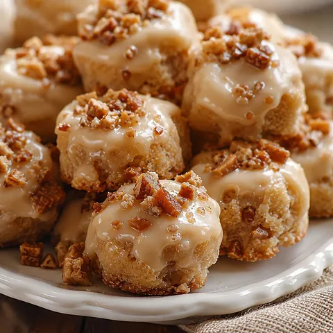 Frosted butter rum brickle bites with toffee on a white platter