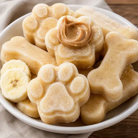 Frozen banana peanut butter dog treats in paw and bone shapes