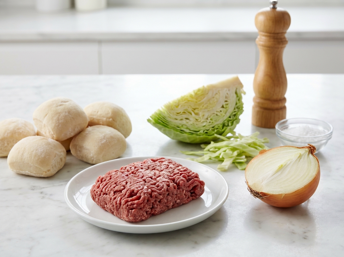 Raw ingredients for stuffed rolls including frozen bread dough, ground beef, cabbage, and onion on a wooden board