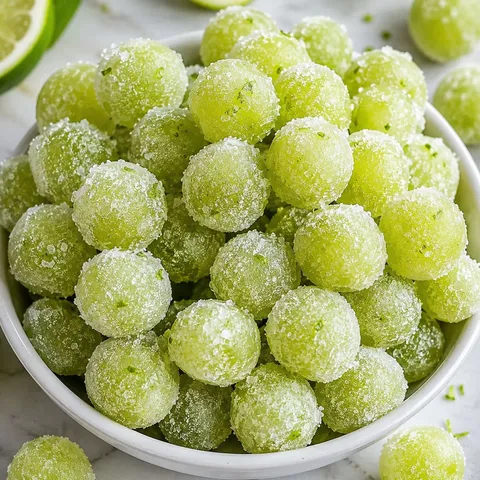 Frosty candied green grapes with lime zest in a white bowl