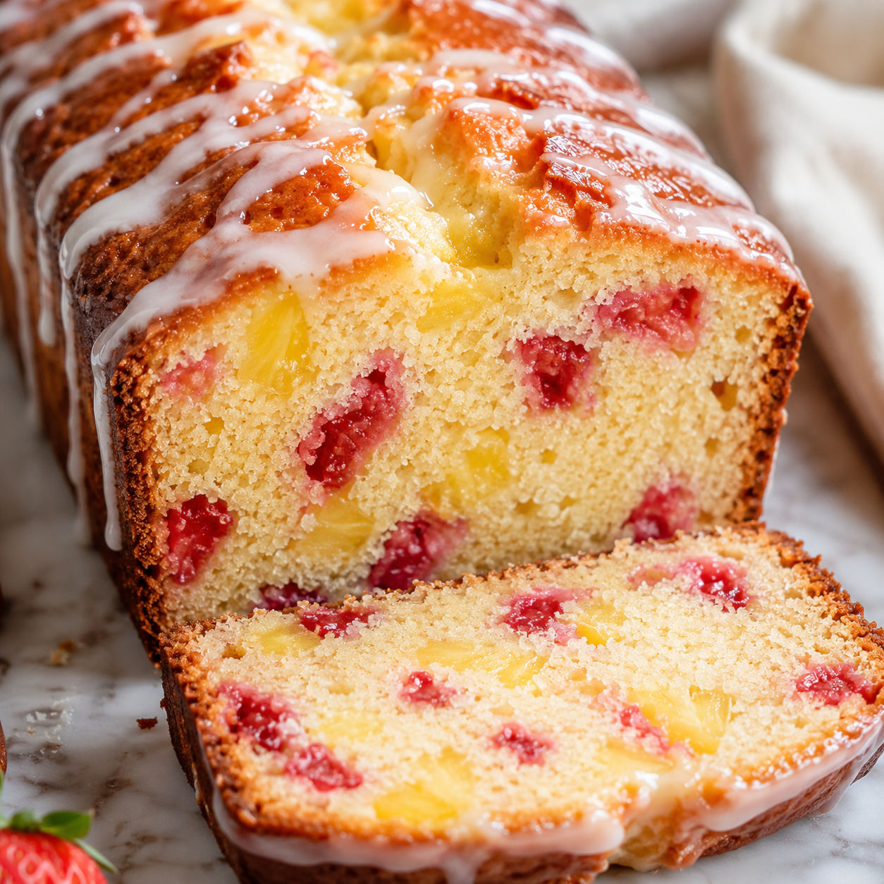 Sliced strawberry pineapple pound cake with white glaze on a marble board
