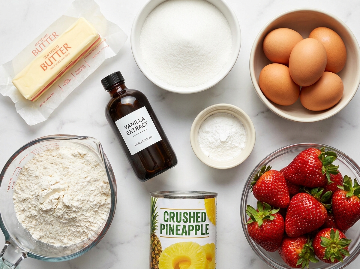 Raw ingredients for strawberry pineapple pound cake on a wooden surface