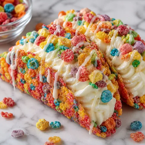 Fruity Pebbles cheesecake tacos with white chocolate drizzle