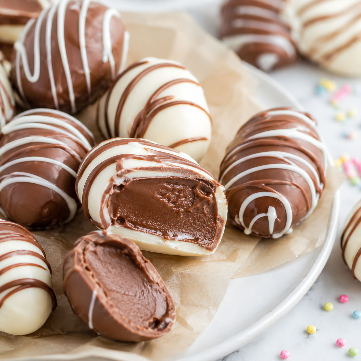 Fudge filled Easter eggs with chocolate drizzle and creamy centers