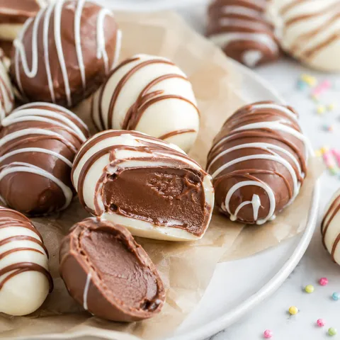 Fudge filled Easter eggs with chocolate drizzle and creamy centers