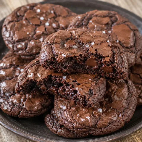 Fudgy brownie cookies with crackly tops and a broken soft center