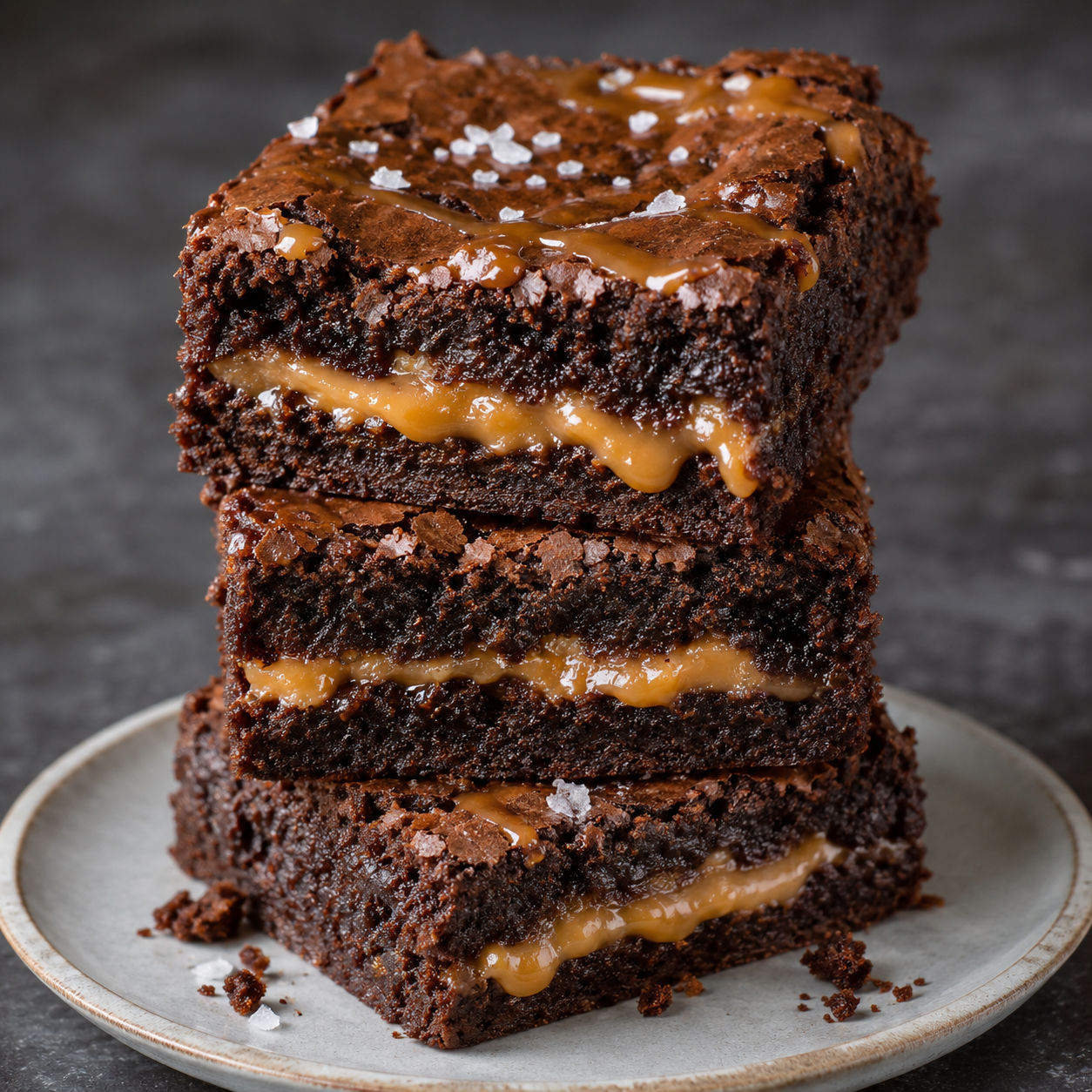 Fudgy caramel sea salt brownies stacked on a ceramic plate