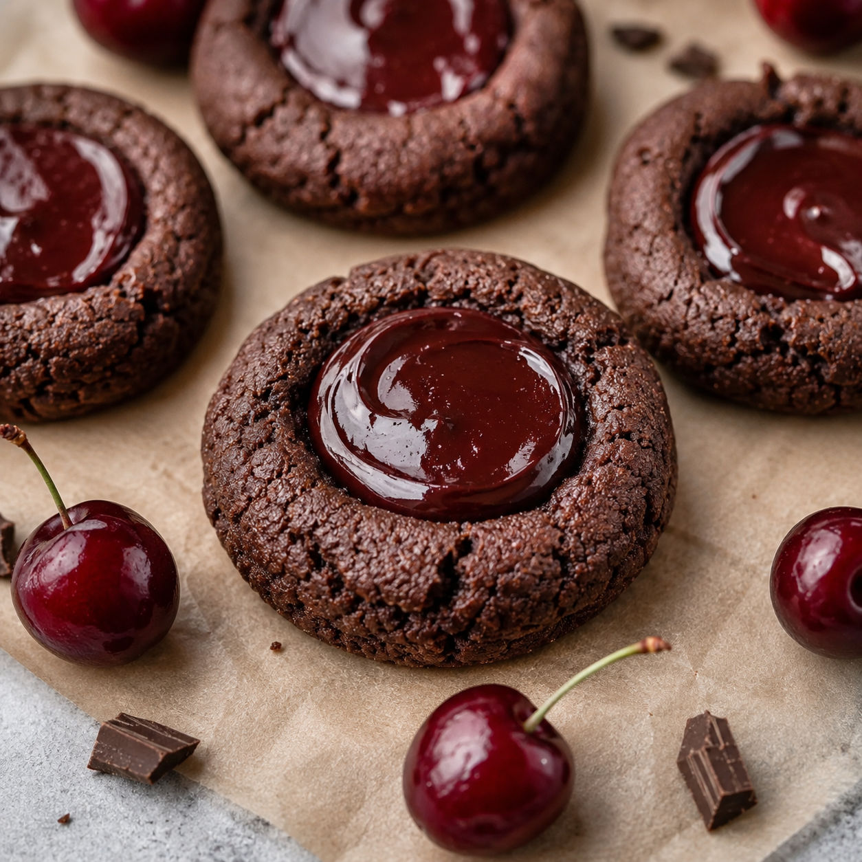 Fudgy chocolate cherry thumbprint cookies with glossy ganache centers