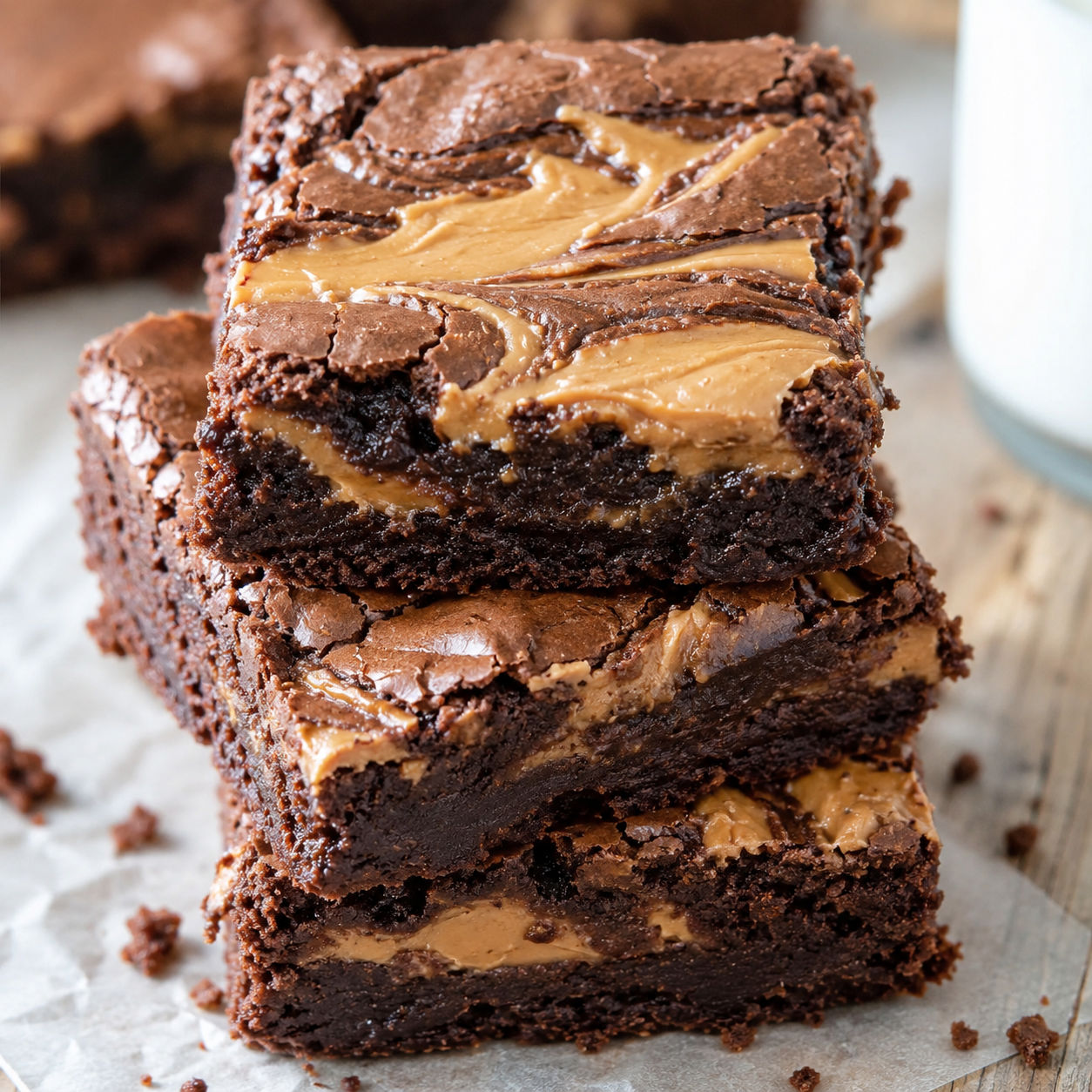 Fudgy peanut butter brownies with crackly tops and swirled peanut butter