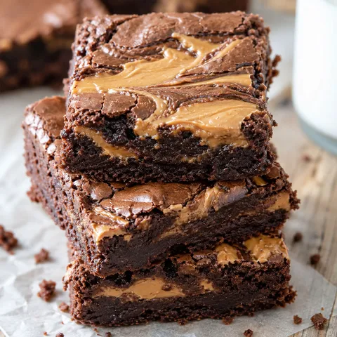 Fudgy peanut butter brownies with crackly tops and swirled peanut butter