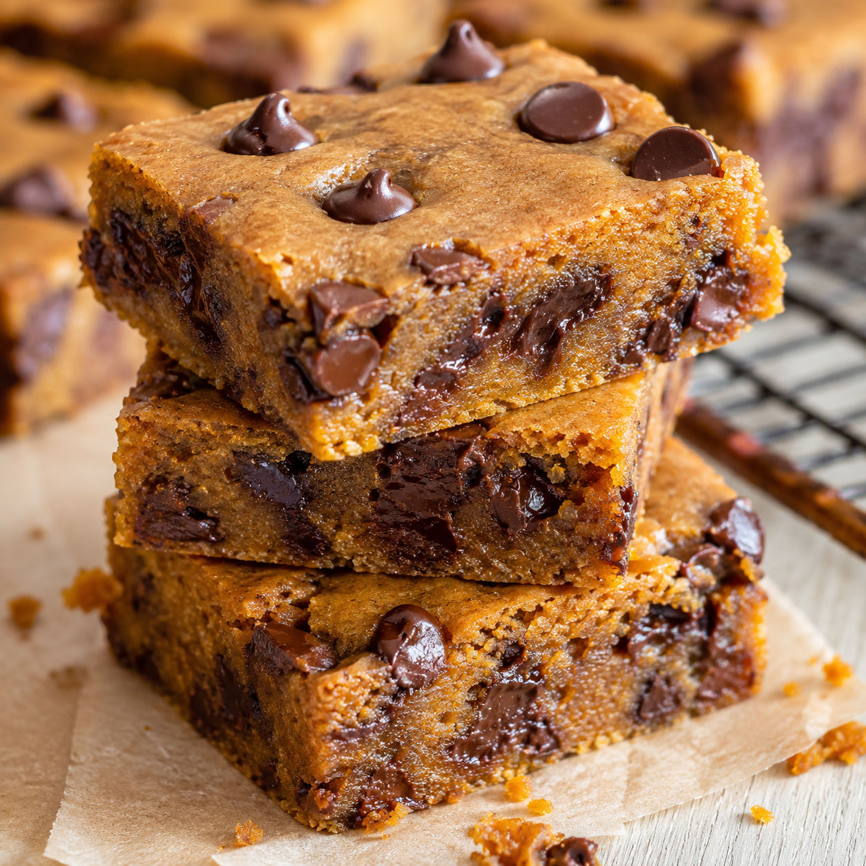 Fudgy pumpkin chocolate chip bars stacked with melted chocolate chips