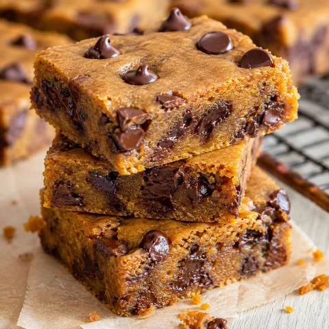 Fudgy pumpkin chocolate chip bars stacked with melted chocolate chips
