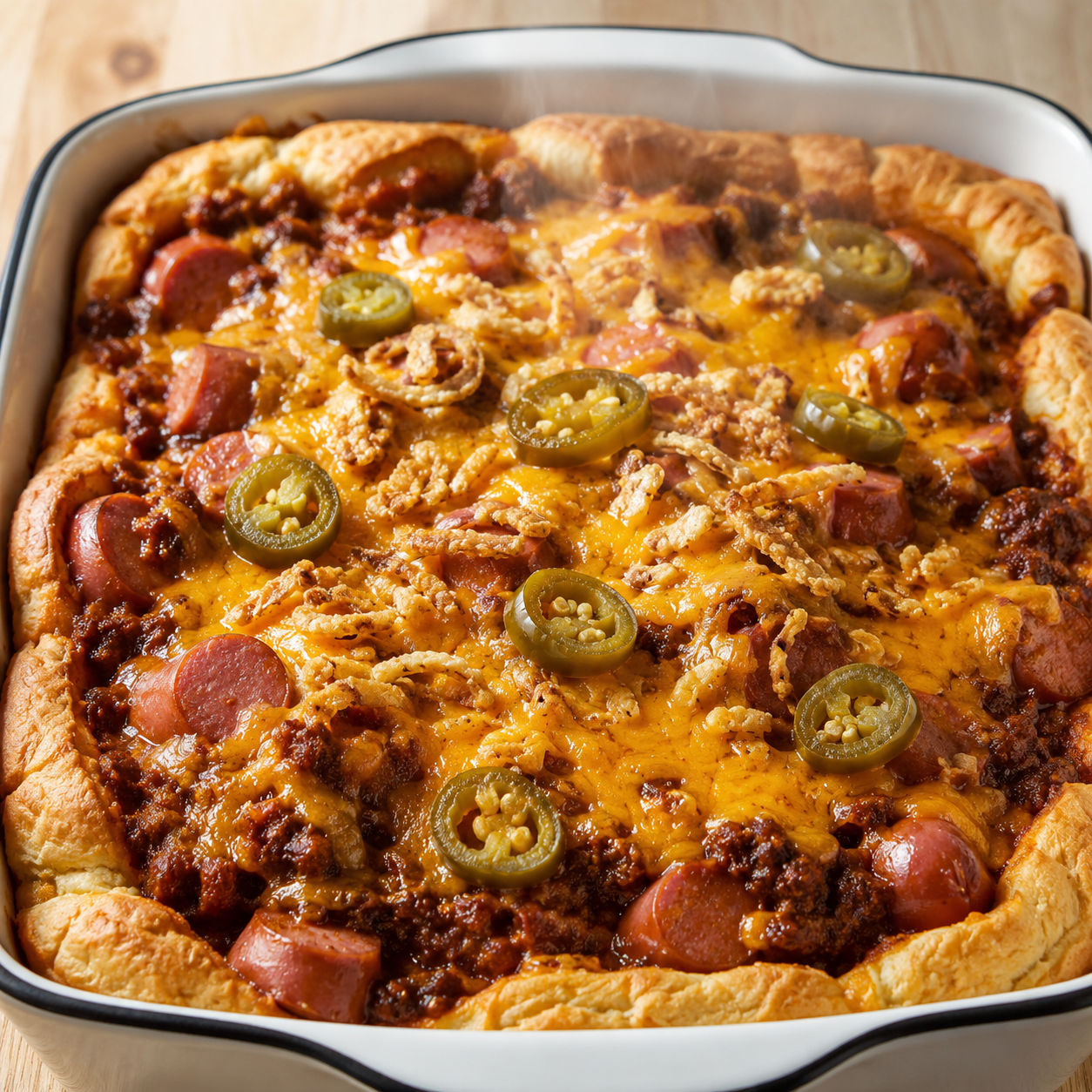 Baked chili cheese dog casserole with melted cheddar and jalapeños in a white baking dish