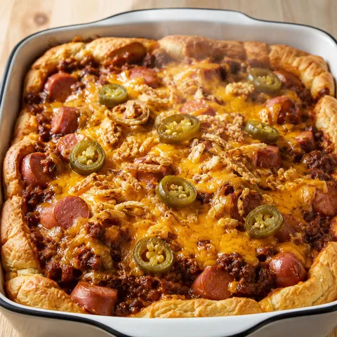 Baked chili cheese dog casserole with melted cheddar and jalapeños in a white baking dish