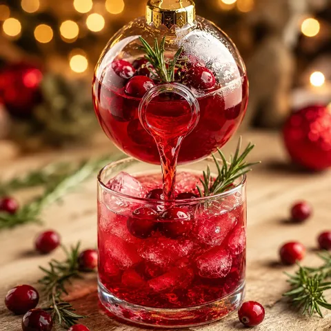 Ruby Christmas ornament cocktail with cranberries and rosemary over ice