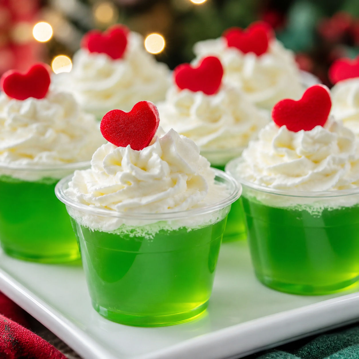 Green Grinch Jello shots with whipped cream and red heart sprinkles