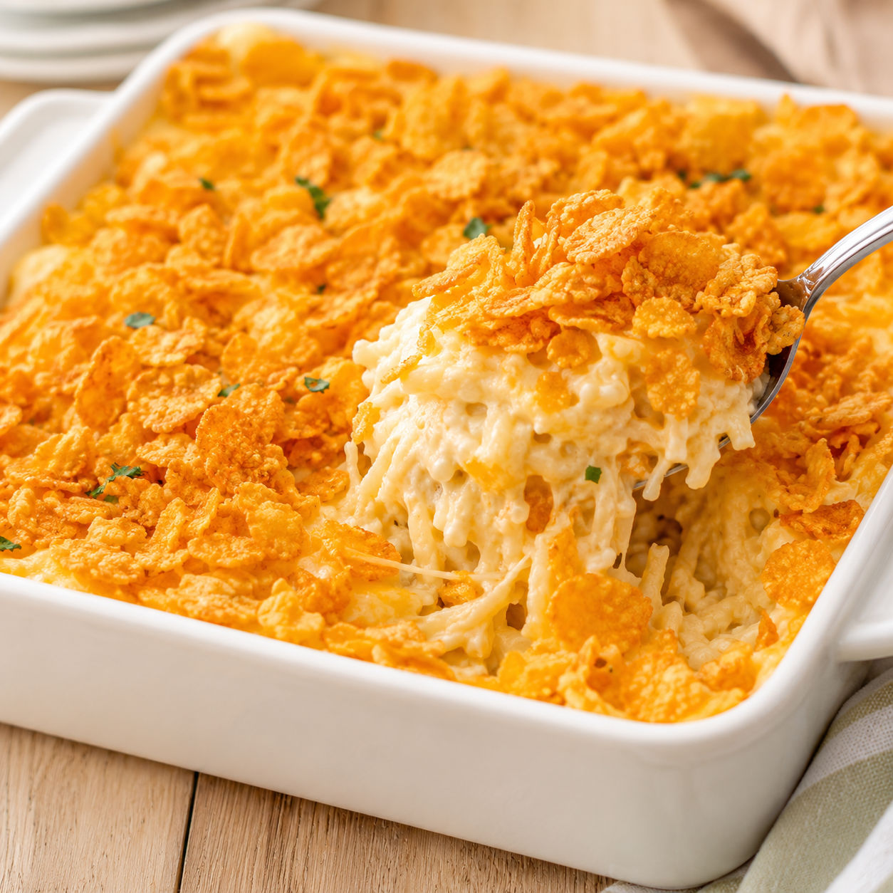 Funeral Potatoes with golden cornflake topping in a white baking dish