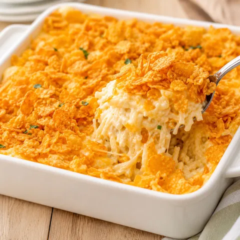 Funeral Potatoes with golden cornflake topping in a white baking dish