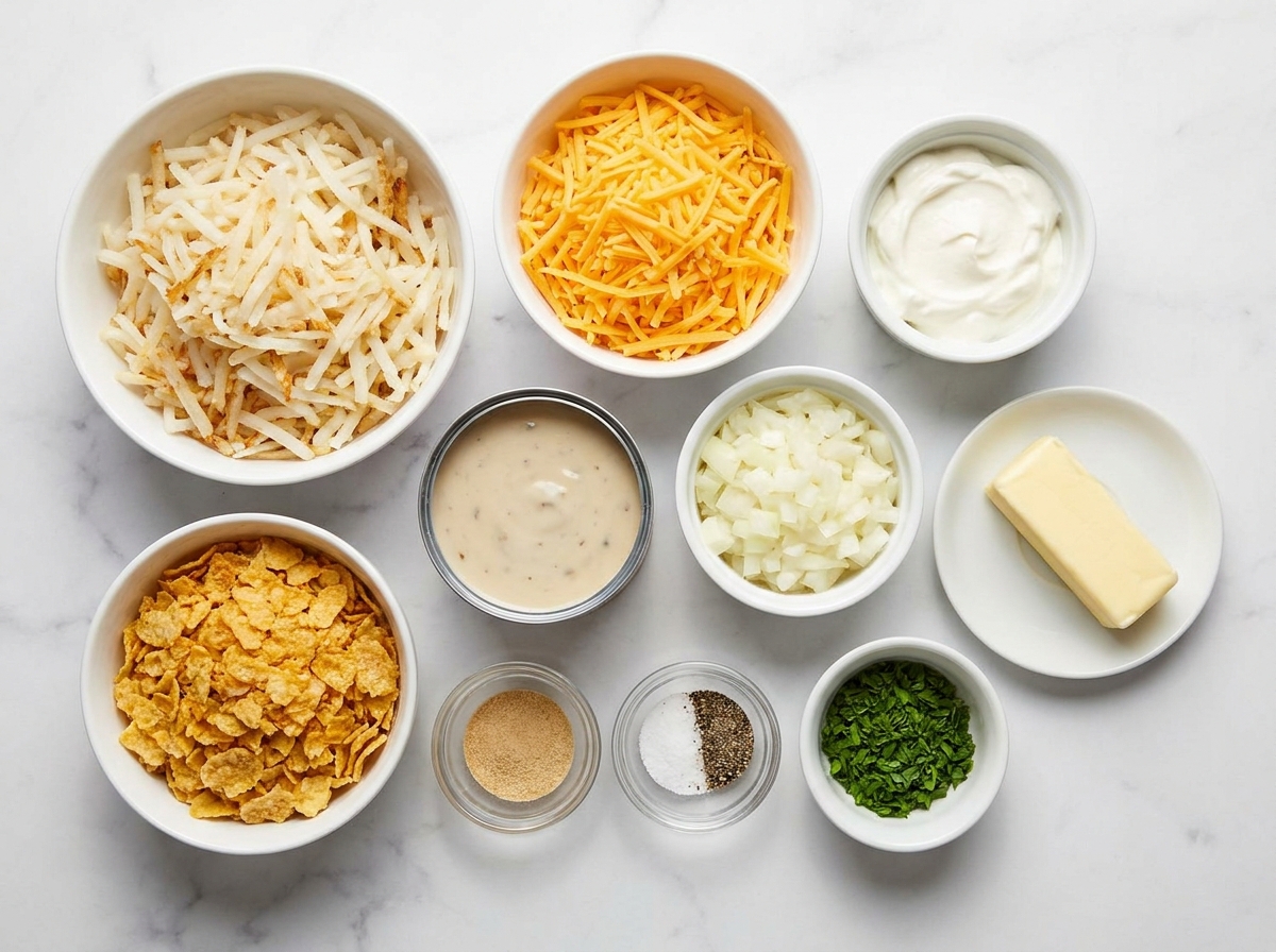 Ingredients for Funeral Potatoes with hash browns, cheese, sour cream, and cornflakes