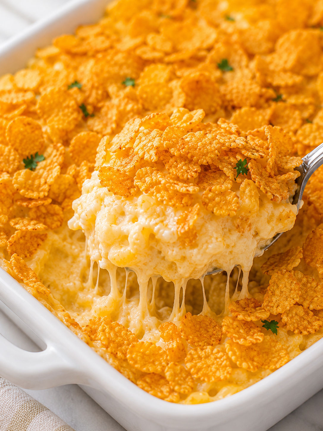 Funeral Potatoes, plated and served