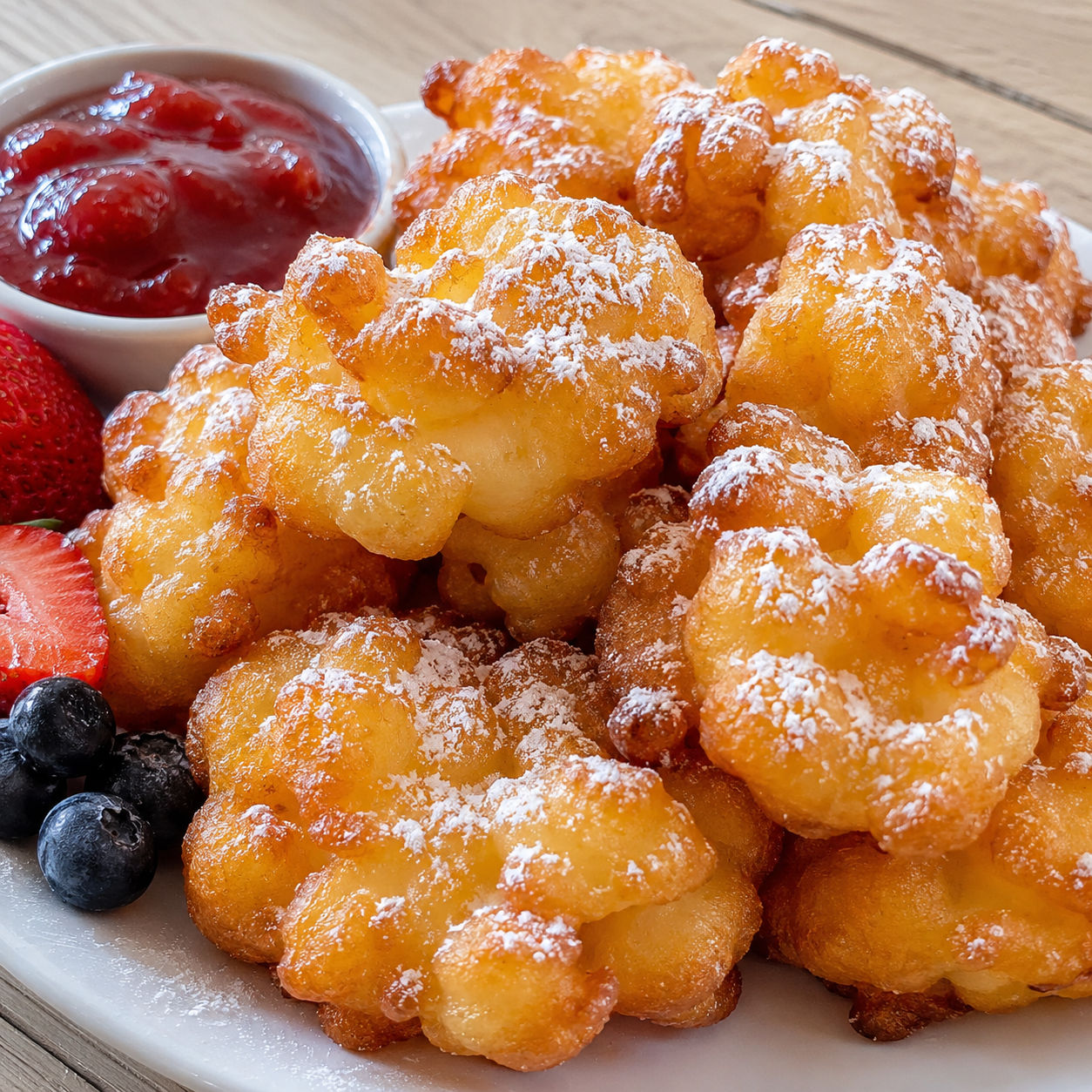 Funnel cake bites dusted with powdered sugar on a white plate