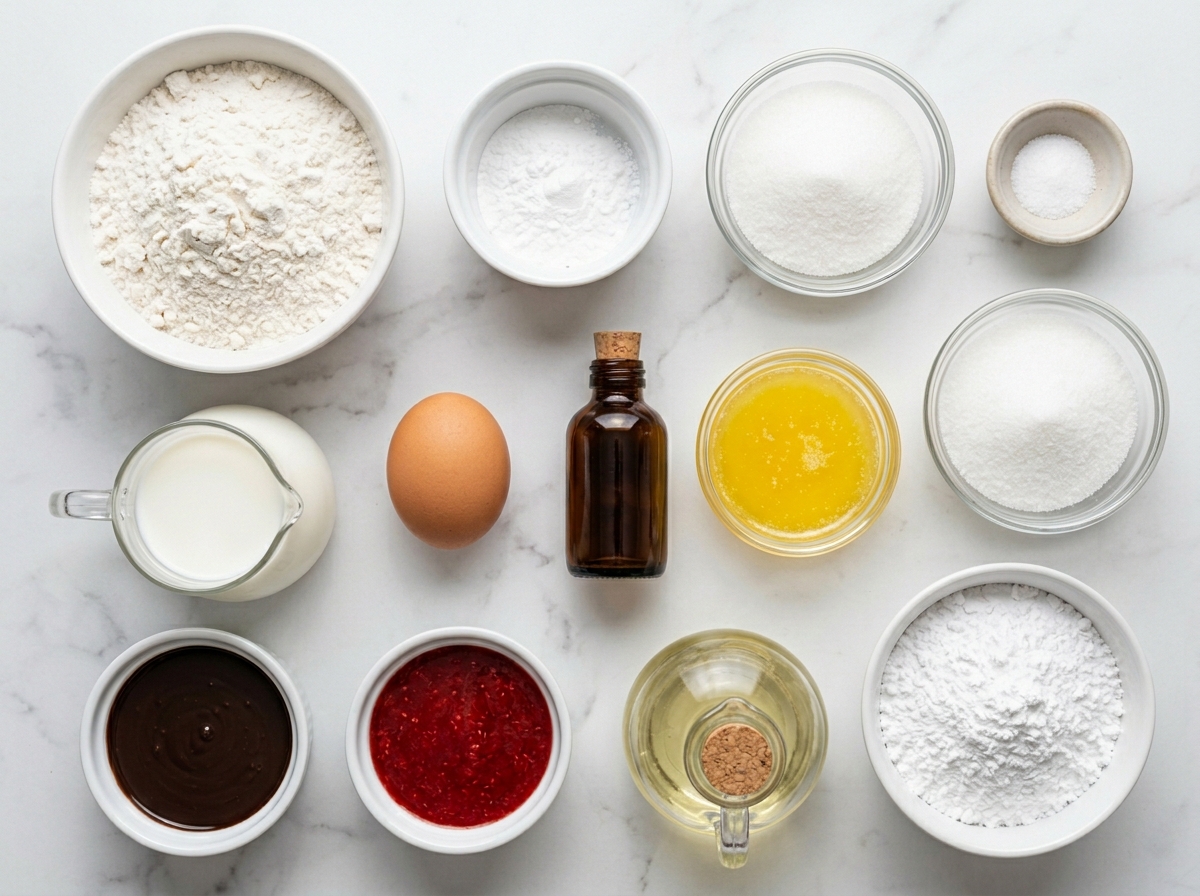 Ingredients for funnel cake bites with flour, milk, egg, vanilla, and sugar