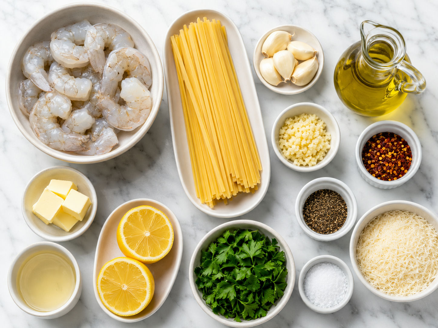 Raw shrimp, linguine, garlic, lemon, butter, and parsley for pasta